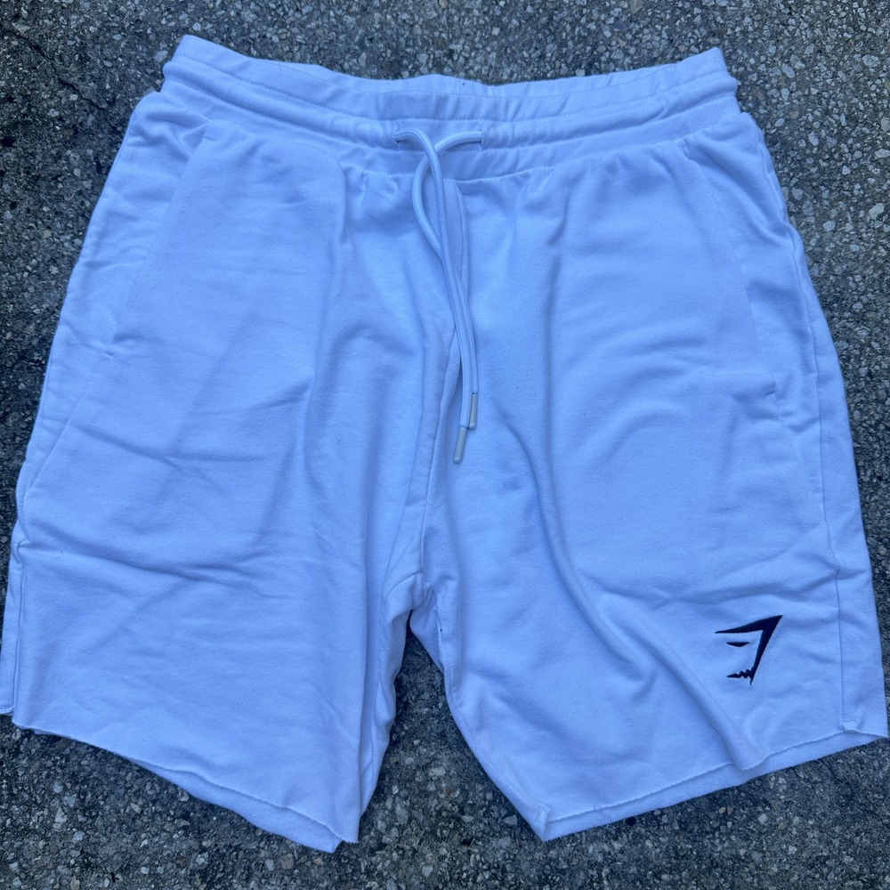 Gymshark Mens White Sweat Shorts Raw Hem Drawstring Athletic Gym Shorts Small